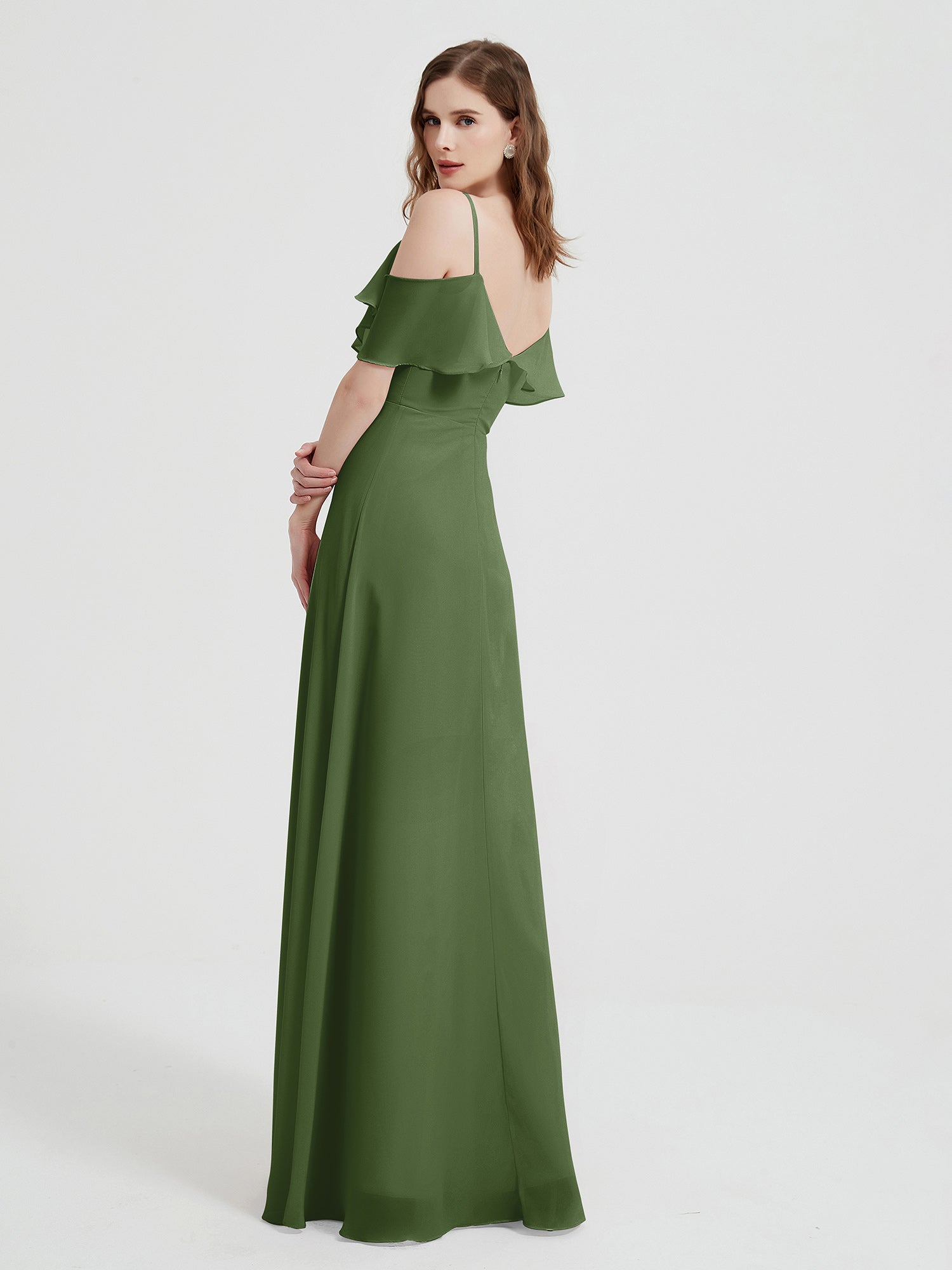Spaghetti Straps V-neck Chiffon Long Dresses-Moss